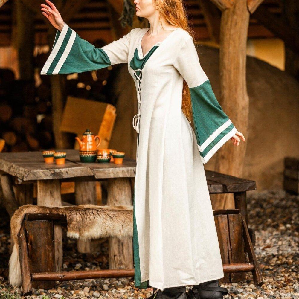 Natural and green Pirate ladies dress with long sleeves, back view