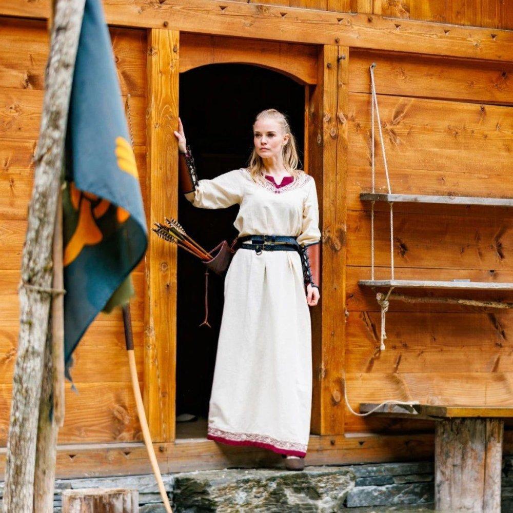 Natural Pirate ladies dress showing red trim along the hem