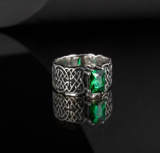 Norse Ornament Ring with Green Cubic Zirconia Sterling Silver Handmade Jewelry-3