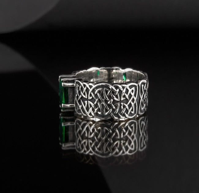 Norse Ornament Ring with Green Cubic Zirconia Sterling Silver Handmade Jewelry-7