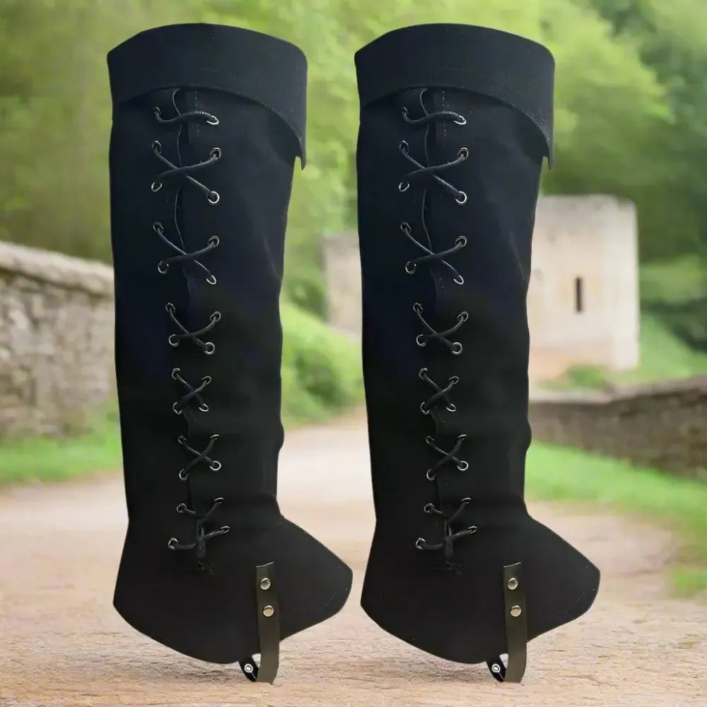 Faux suede Pirate boot covers with leather laces worn over everyday shoes