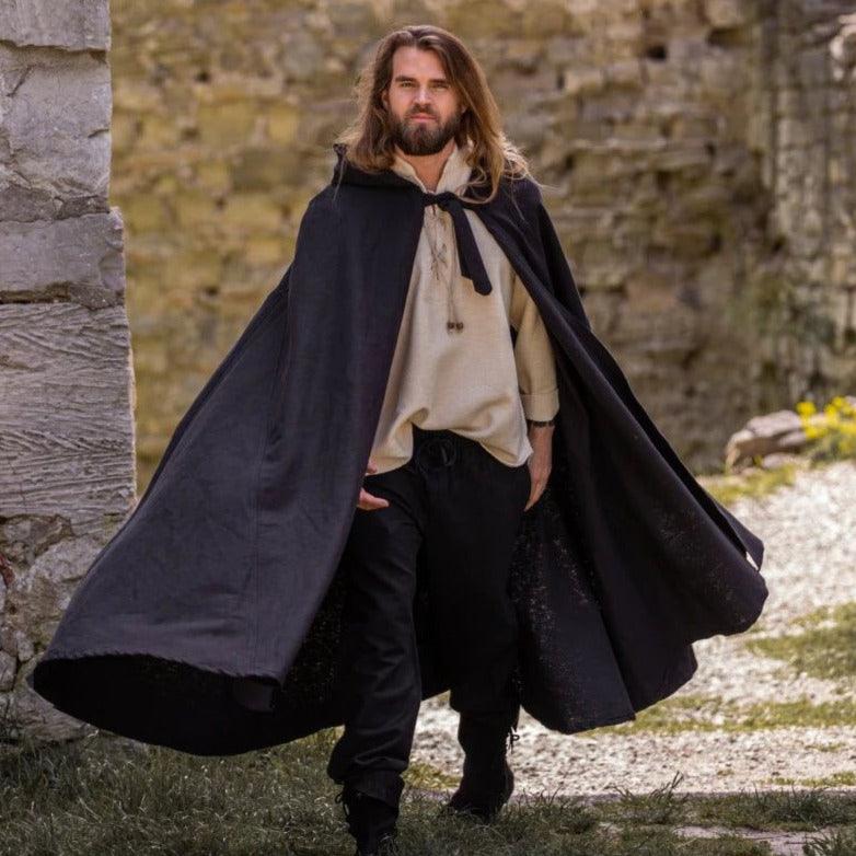 Long wool hooded pirate cloak with front tie closure