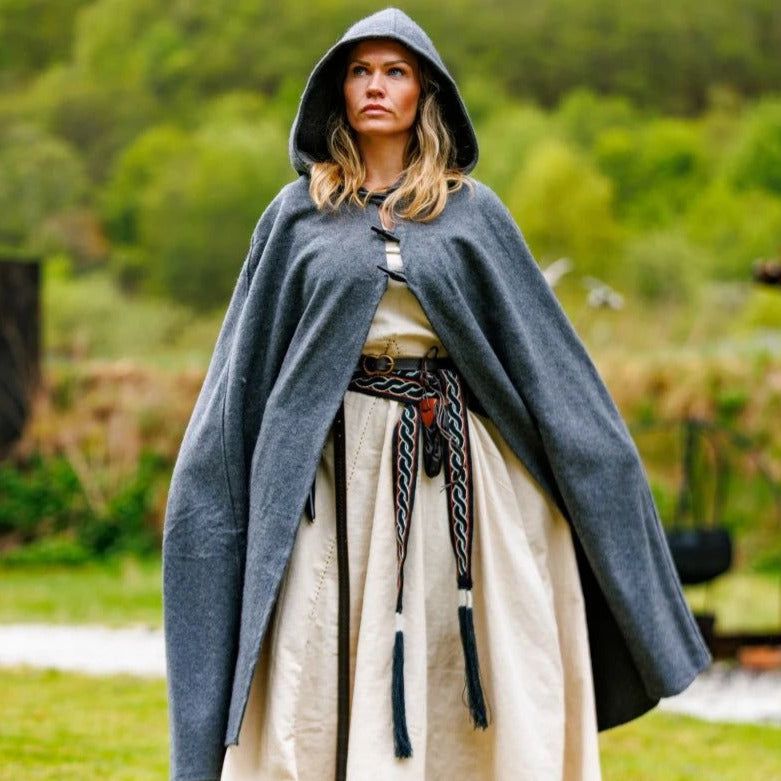 Pirate wool cloak with short hood, front view