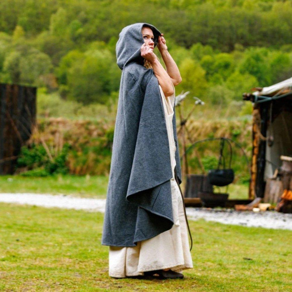 Pirate wool cloak worn by a model, side view