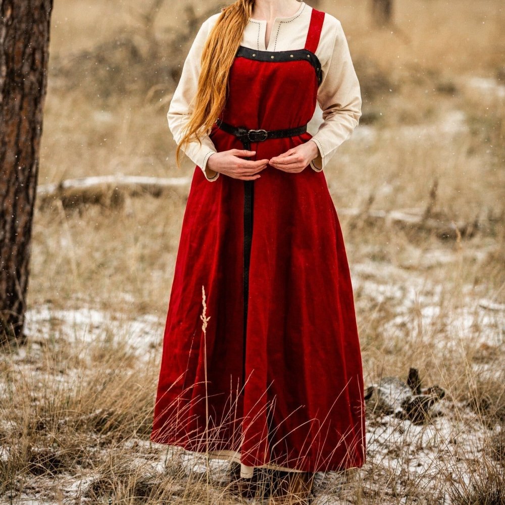 Red linen Pirate ladies over dress, front view