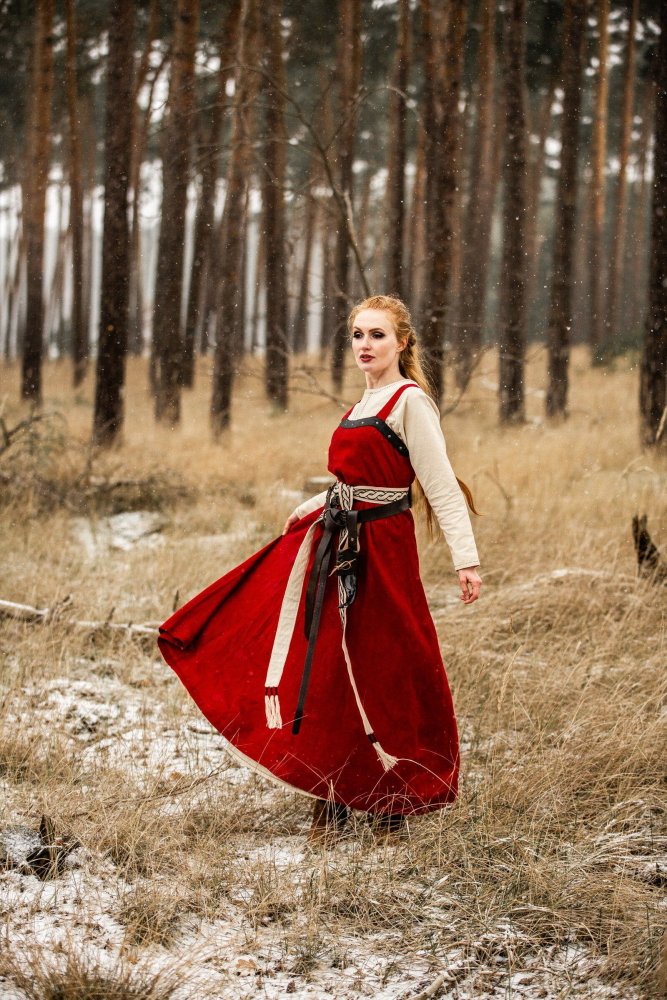Wide shoulder straps on red linen ladies over dress