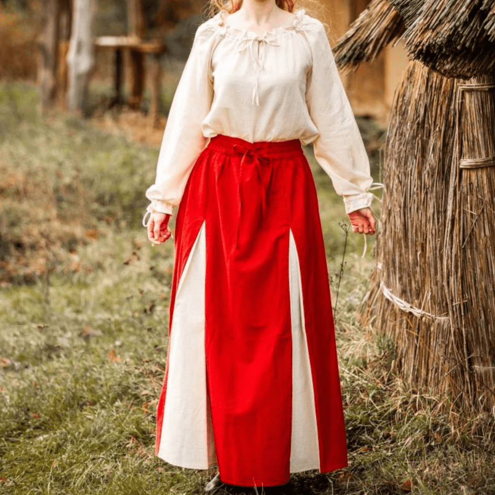 Front view of red and natural pirate skirt