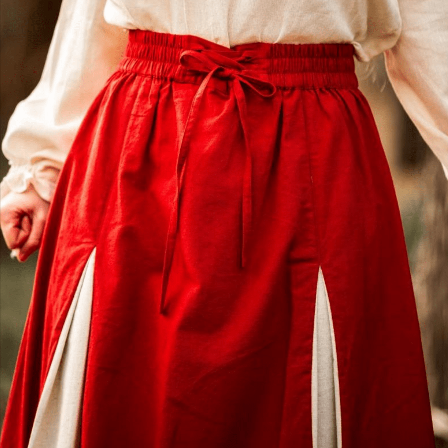 Red and natural pirate skirt styled with a blouse for a faire outfit