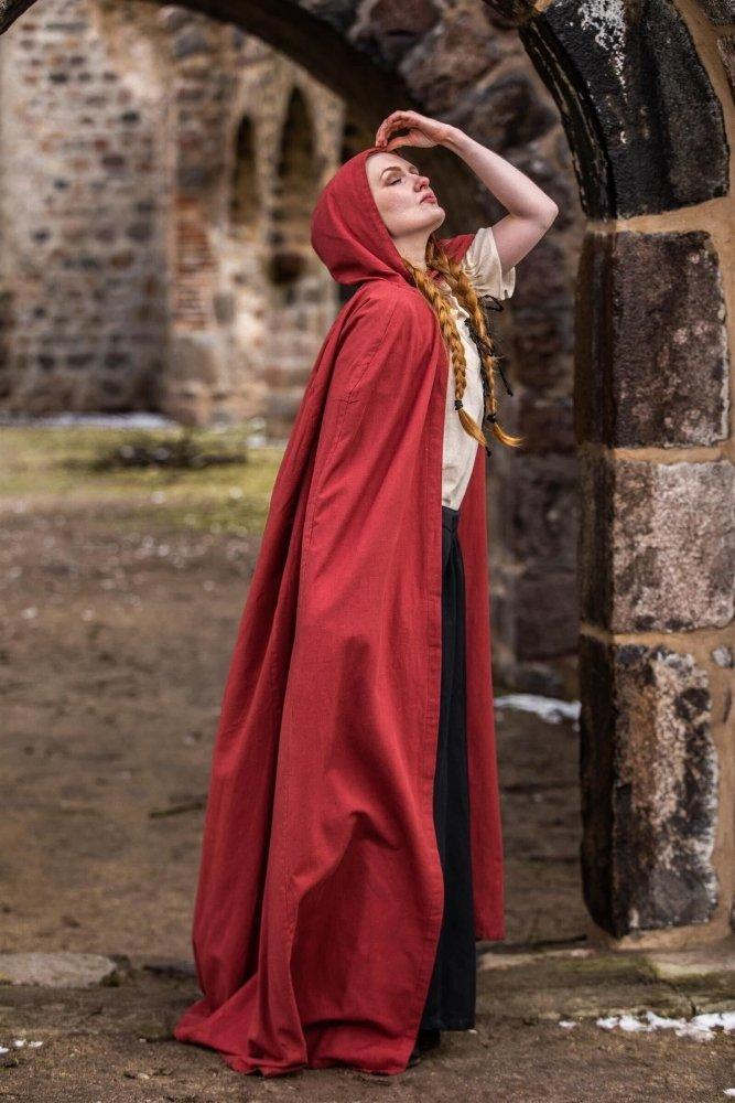 Red Pirate hooded cloak shown from the side