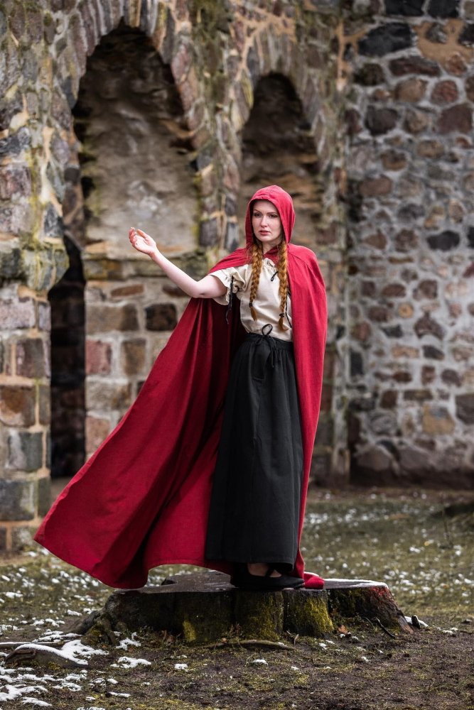 Front tie strings on the red Pirate hooded cloak