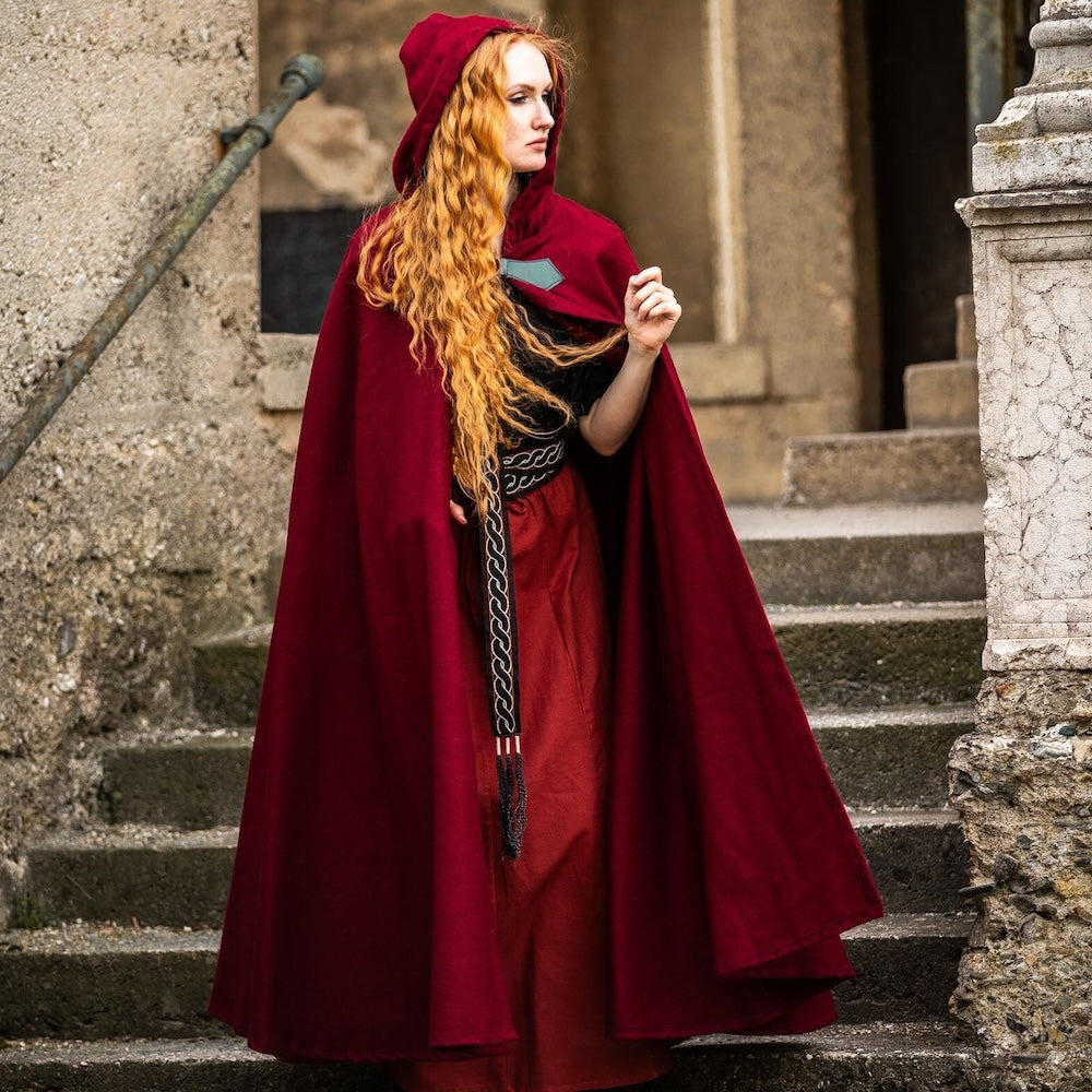Back view of red wool pirate cloak