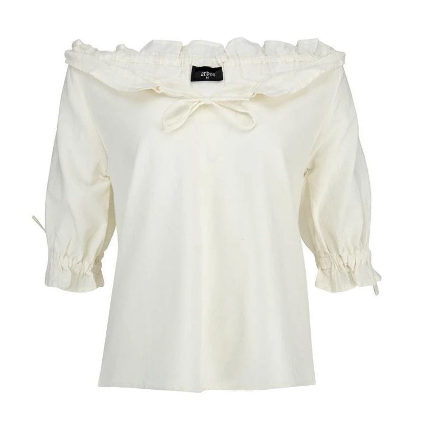 Versatile White Cotton Lace-Trimmed Pirate Blouse with Decorative Band at Décolleté