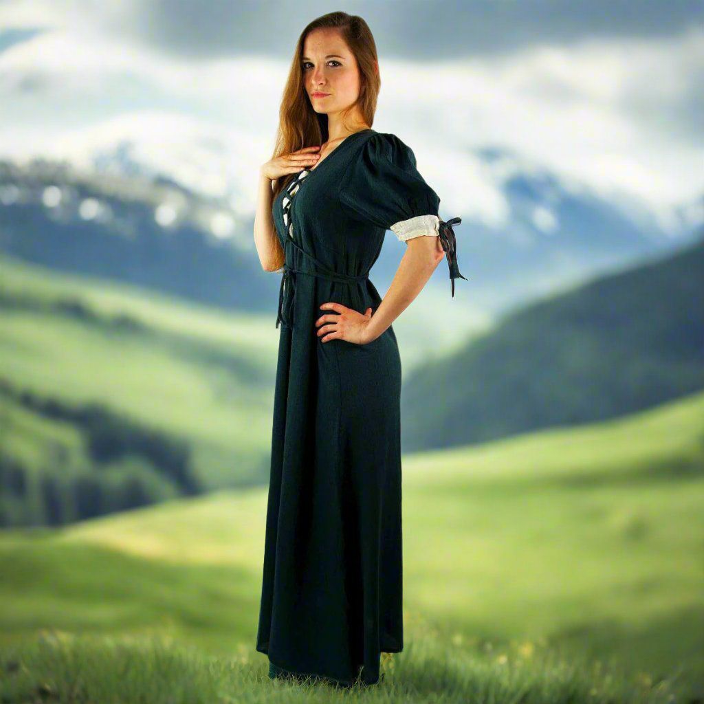 Pirate Summer Dress in Green with Laced Front and Puffed Sleeves 