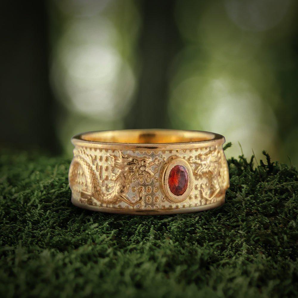 14K Gold Ring with Dragon and Red Cubic Zirconia Jewelry-1