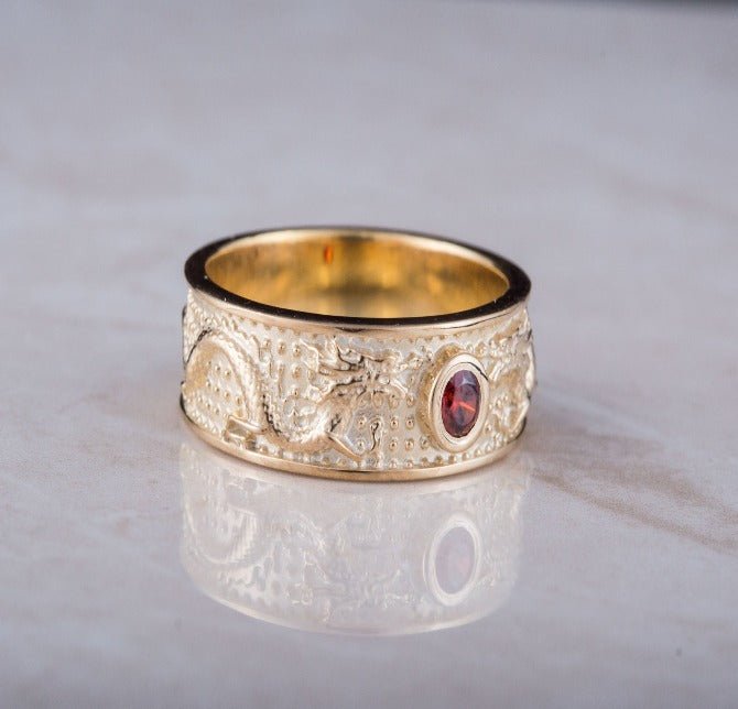 14K Gold Ring with Dragon and Red Cubic Zirconia Jewelry-3
