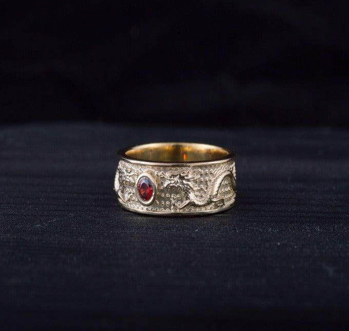 14K Gold Ring with Dragon and Red Cubic Zirconia Jewelry-5