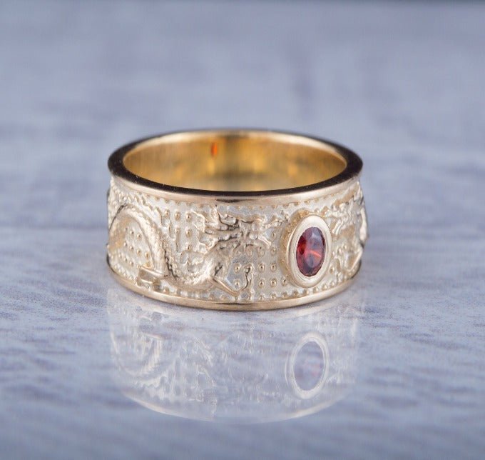 14K Gold Ring with Dragon and Red Cubic Zirconia Jewelry-6