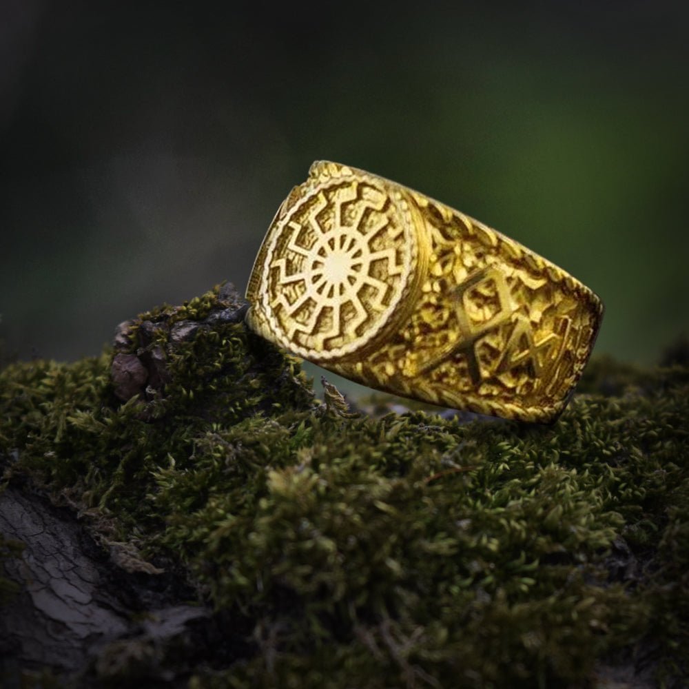 14K Gold Black Sun Ring with HAIL ODIN Runes