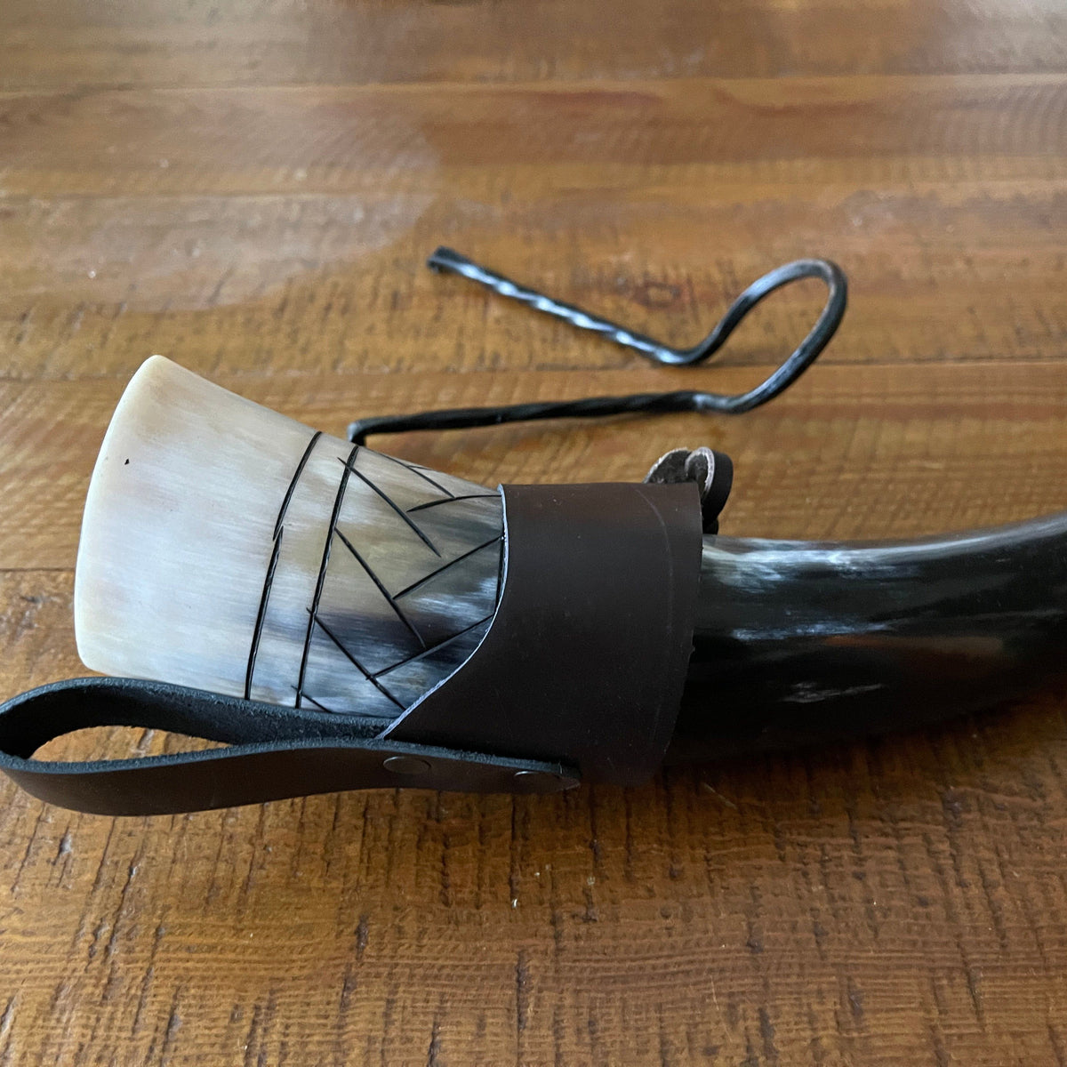 Pirate Drinking Horn with Close-up of Belt Loop and Iron Stand - Scale Pattern