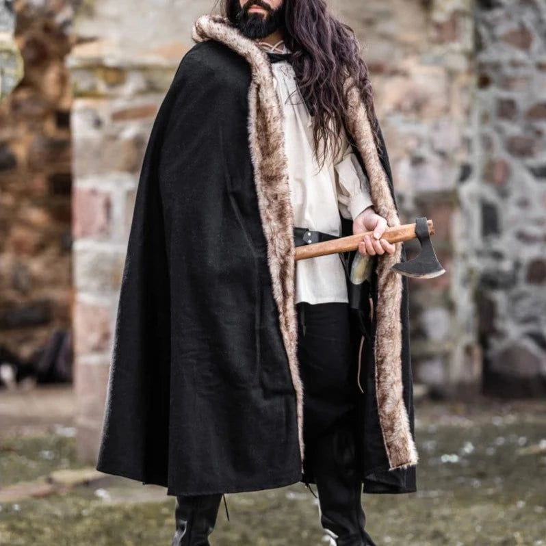 Black Hooded Pirate Cape | Wool with Faux Fur Trim