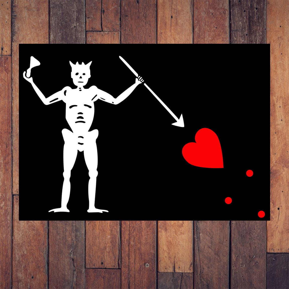 Blackbeard Pirate flag: black polyester with a white horned skeleton holding an hourglass and a spear piercing a red heart.