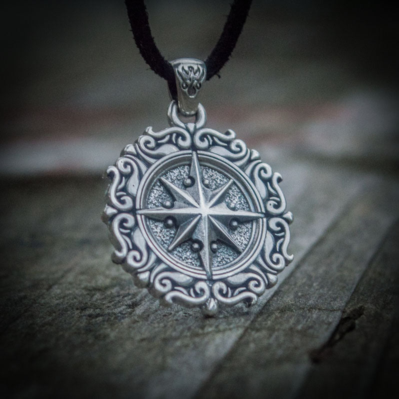 Silver Pirate Compass Pendant close-up