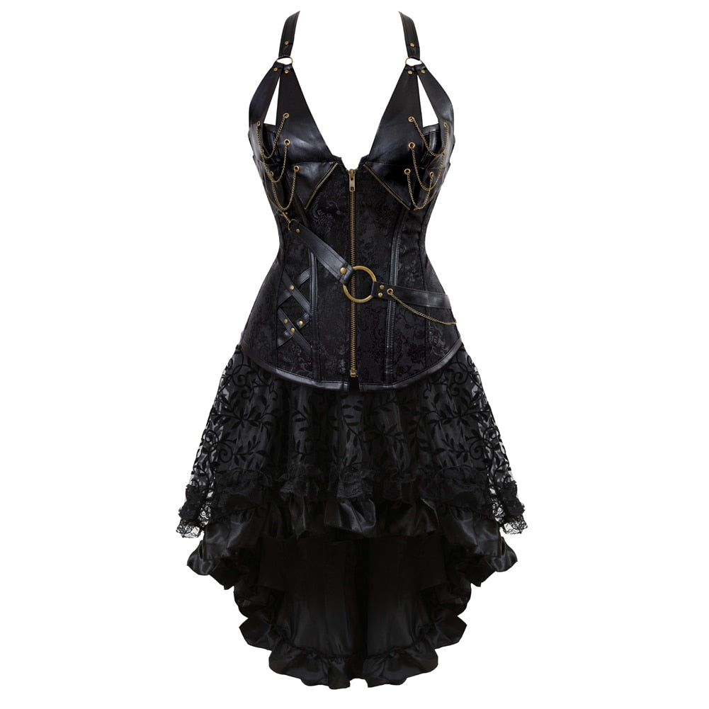 Pirate Wench Faux Leather Corset with Lace Skirt in black
