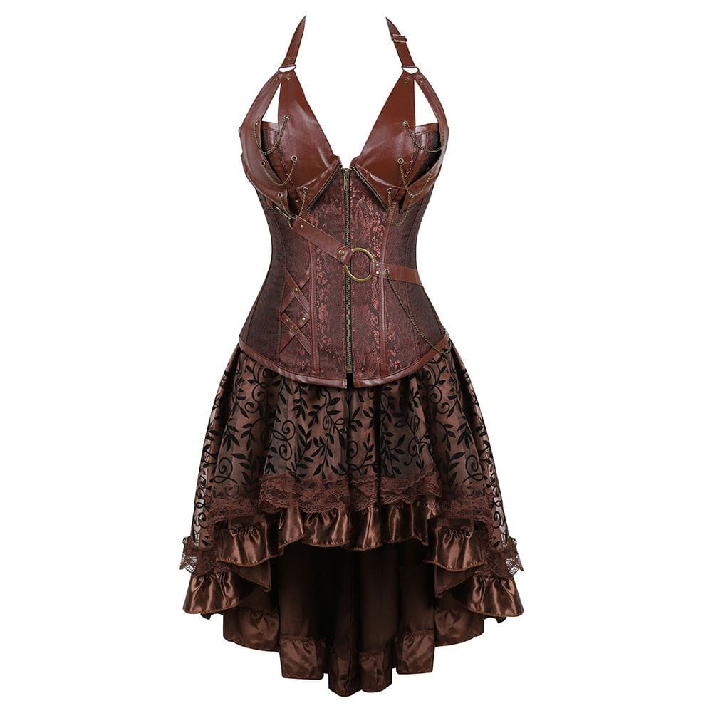 Pirate Wench Faux Leather Corset with Lace Skirt in brown