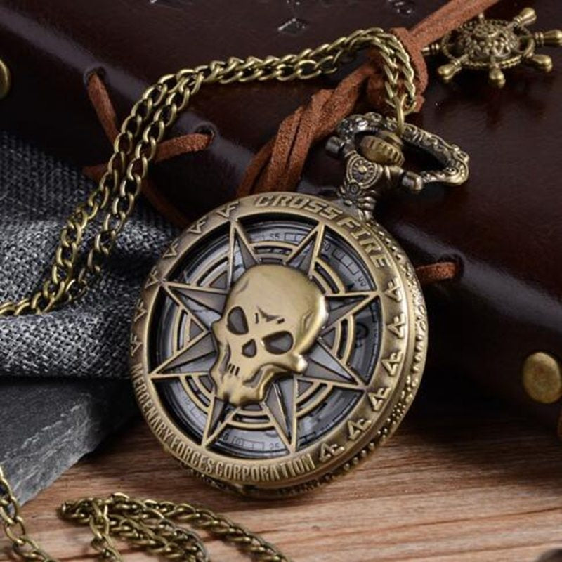 Antique Pirate Skull Pocket Watch and Chain