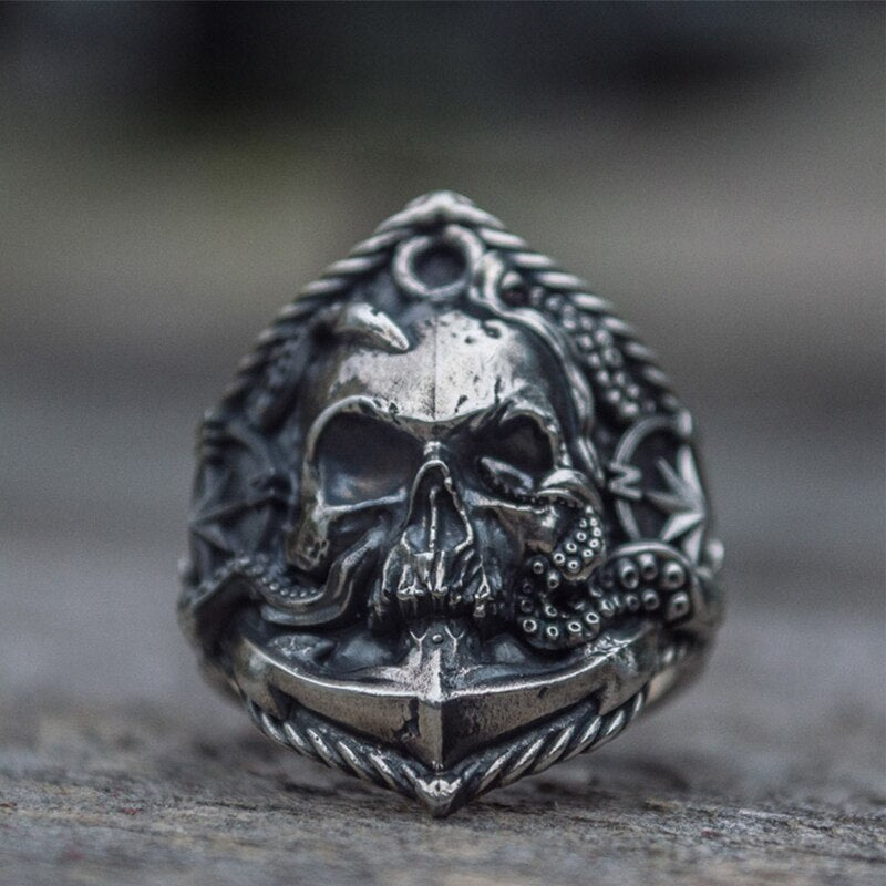 Gothic Skull and Anchor Pirate Ring