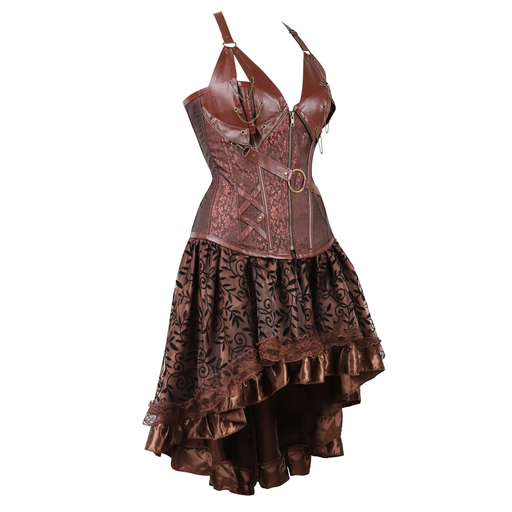 Pirate Wench Faux Leather Corset with Lace Skirt side view