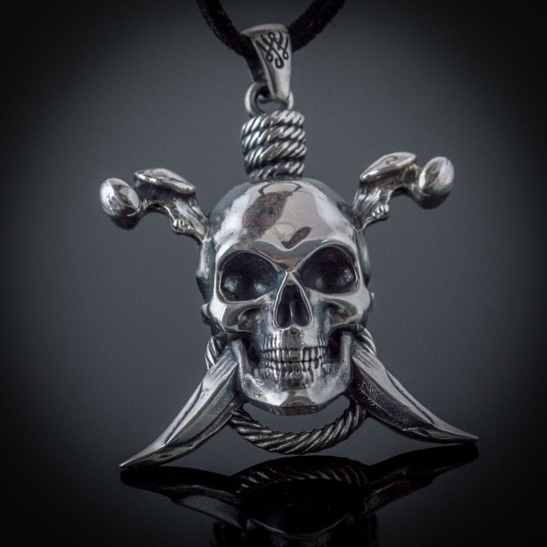 Sterling silver Pirate skull pendant with hangman's noose and crossed swords on a dark background.