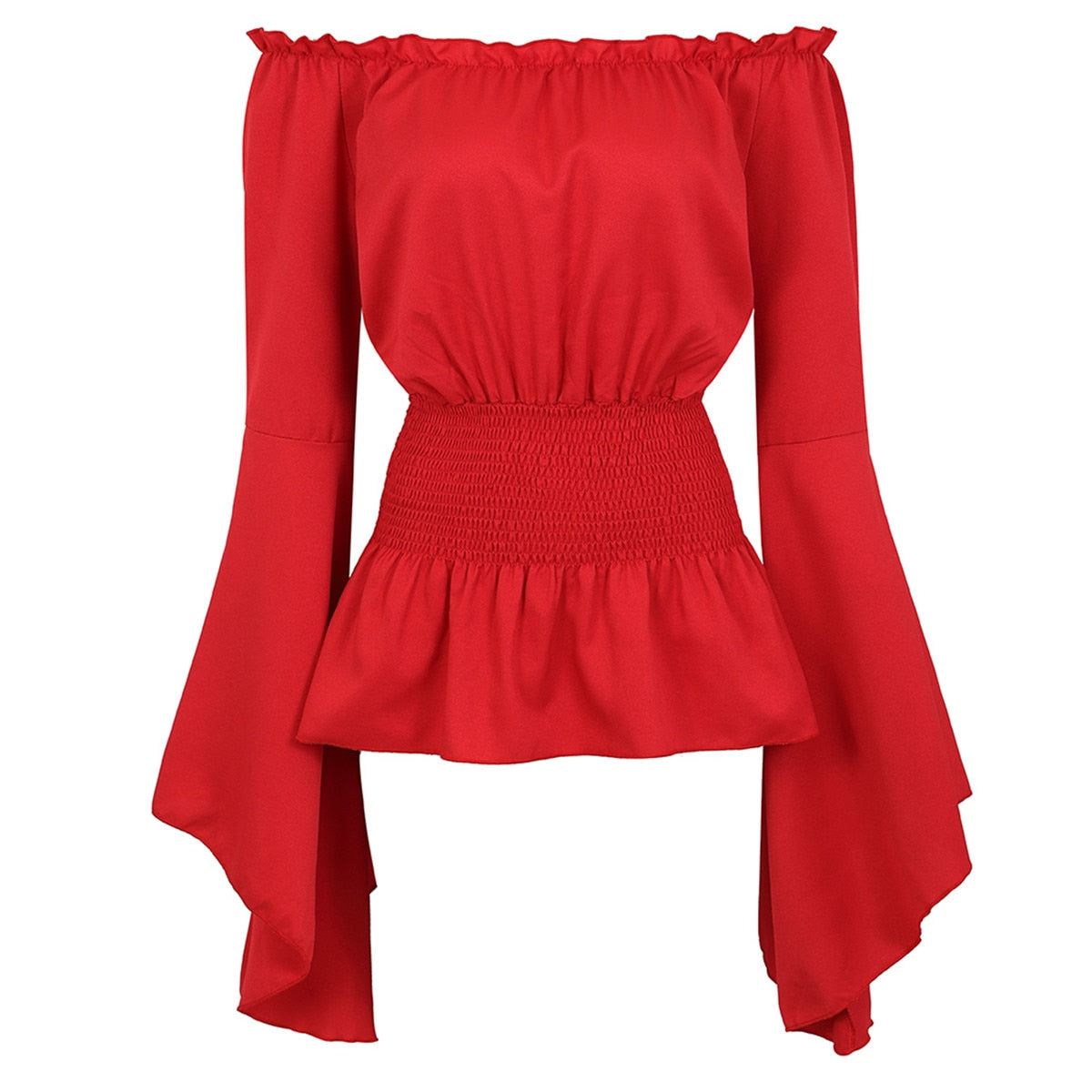 Off-Shoulder Flared Sleeve Corset Blouse in red