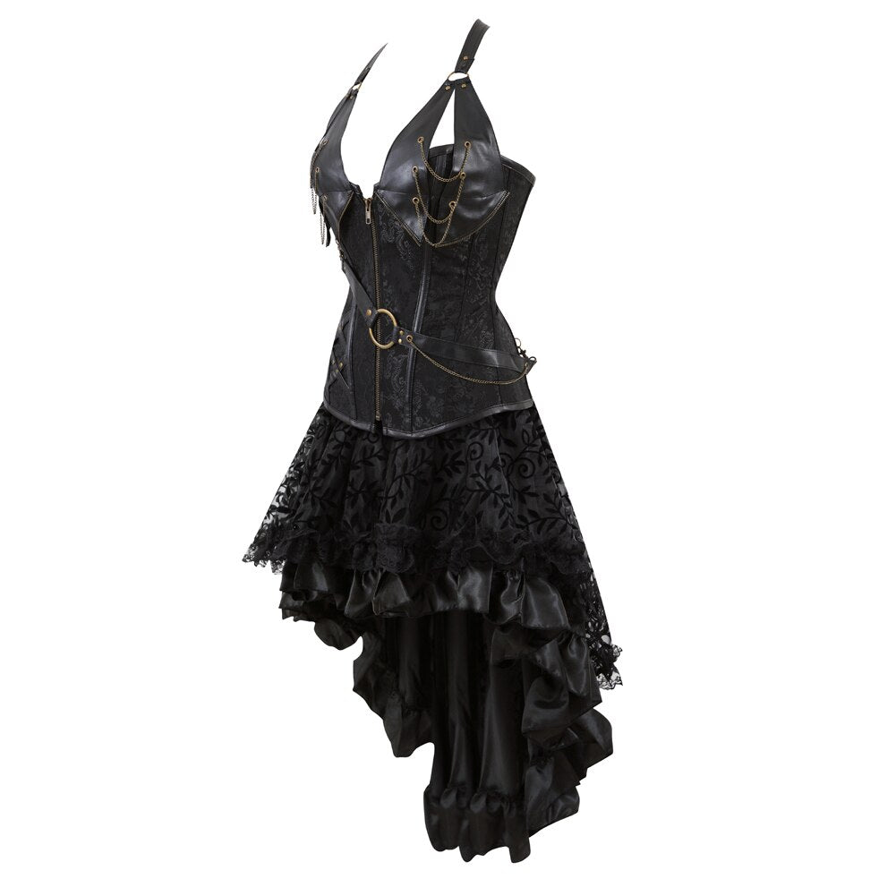 Pirate Wench Faux Leather Corset with Lace Skirt