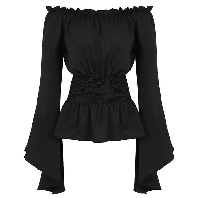 Off-Shoulder Flared Sleeve Corset Blouse in black