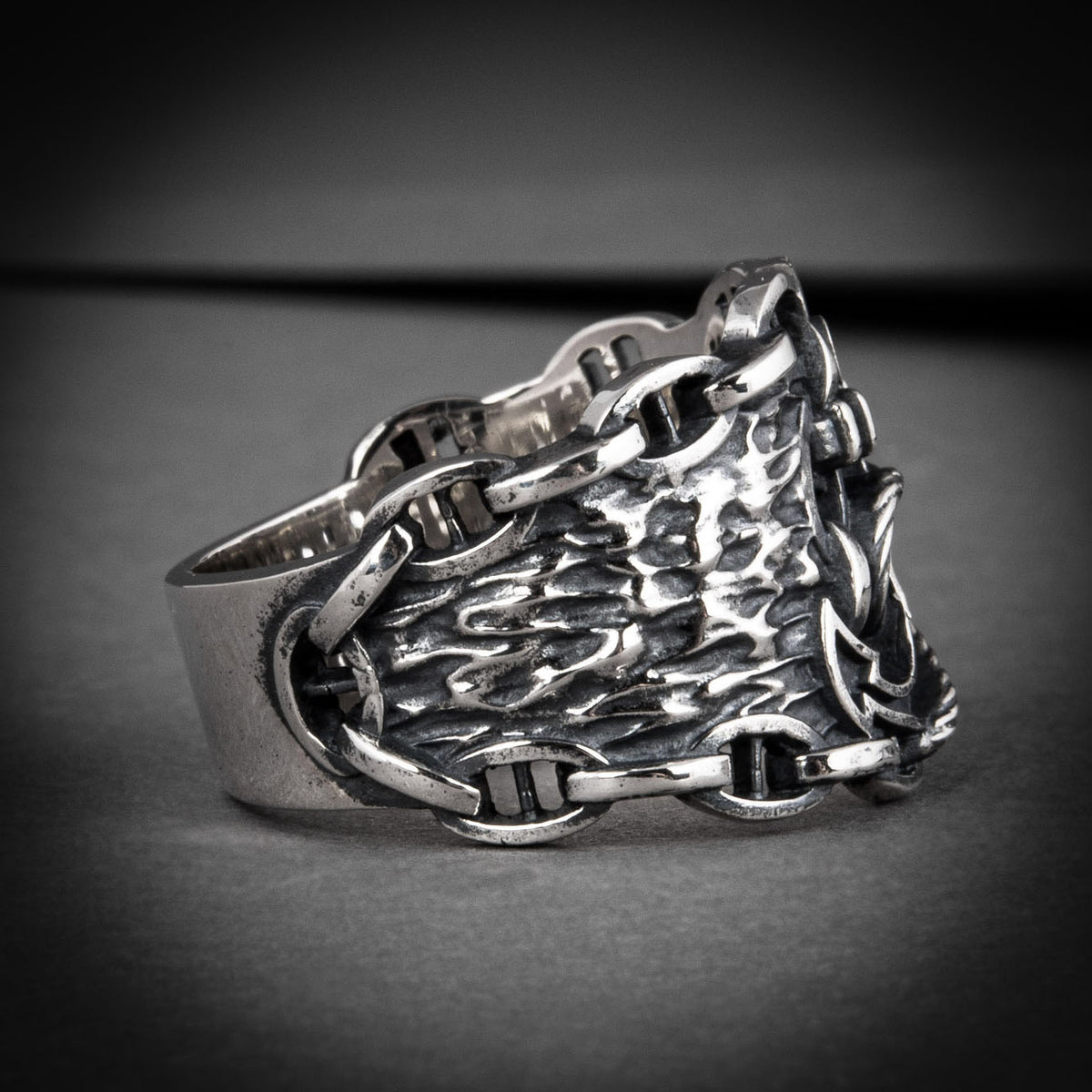 Pirate Rope and Anchor Solid Silver Ring side view