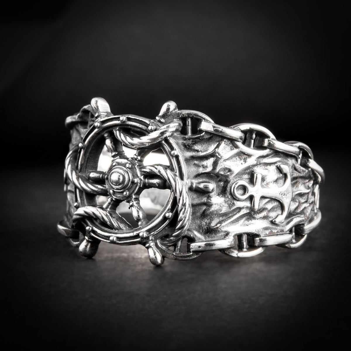 Ship's Wheel with Rope and Anchor Silver Ring