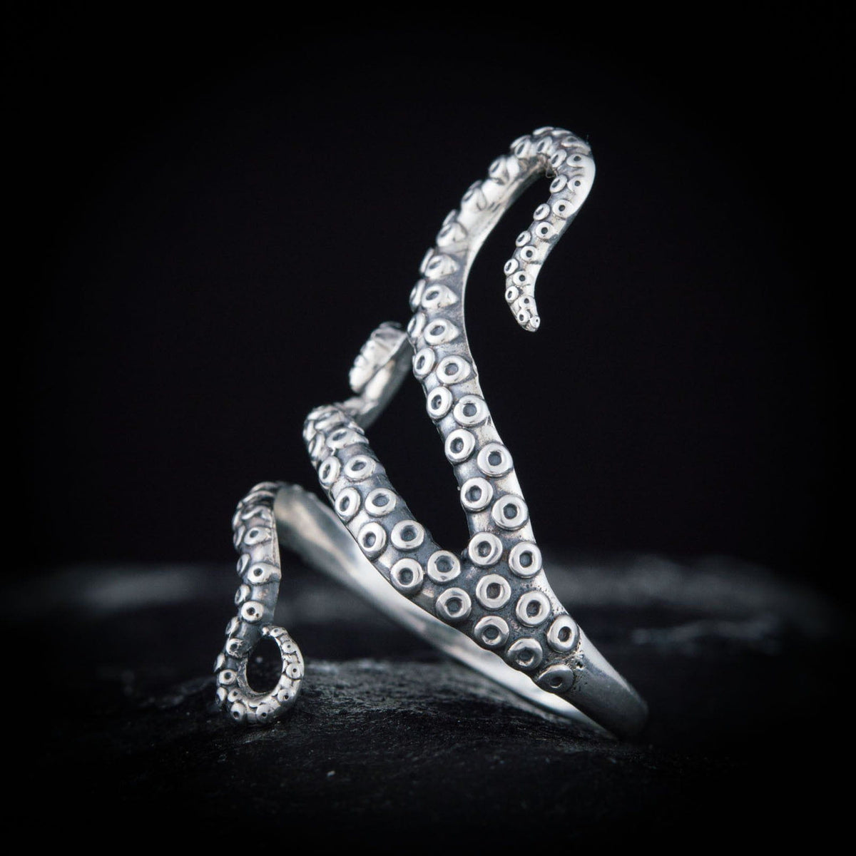 Side view of Curling Kraken Sterling Silver Ring