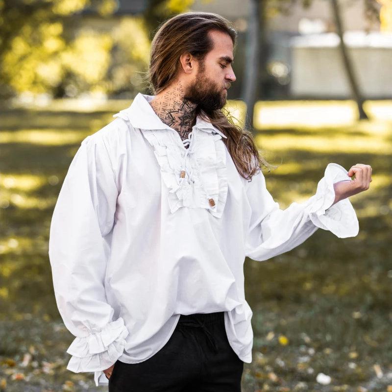 White long-sleeve cotton Pirate shirt with ruffled collar, cuffs, and puffed sleeves on a man.