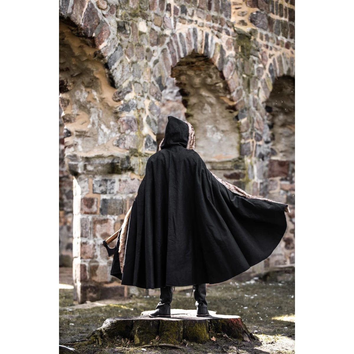 Black Hooded Pirate Cape With Faux Fur