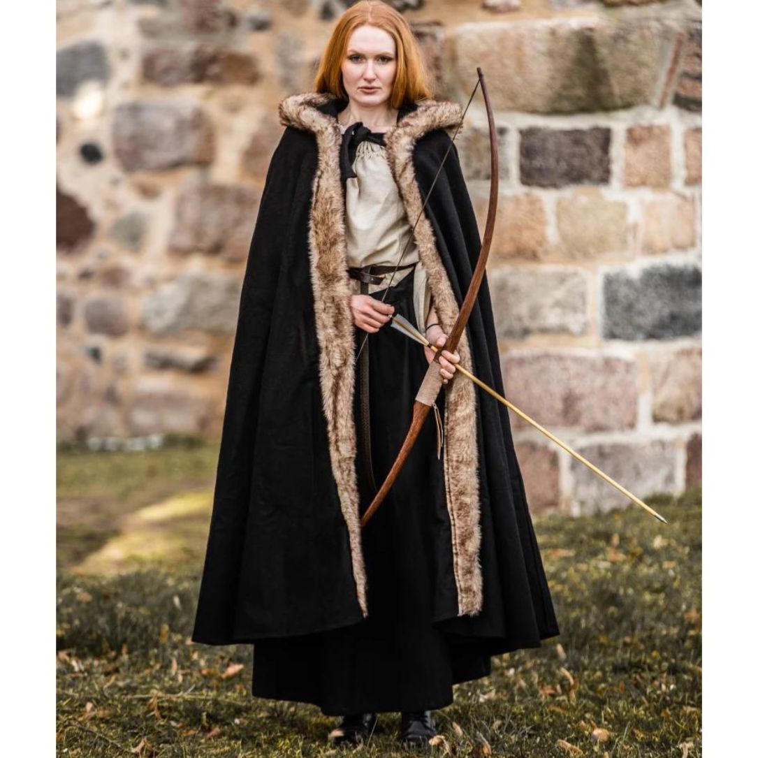 Black Hooded Viking Cloak With Faux Fur