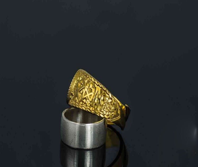 14K Gold Black Sun Ring with HAIL ODIN Runes 